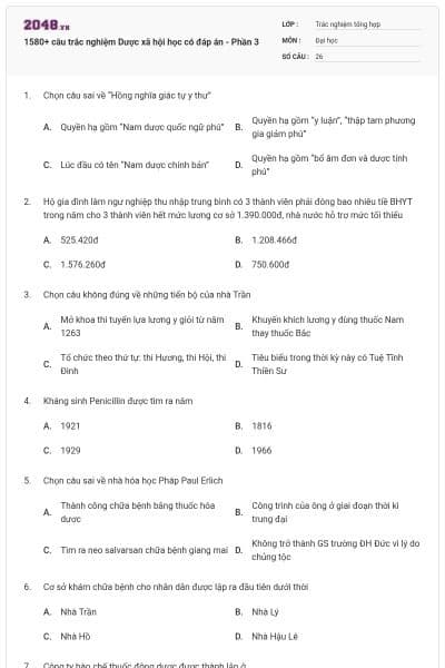 1580+ câu trắc nghiệm Dược xã hội học có đáp án - Phần 3