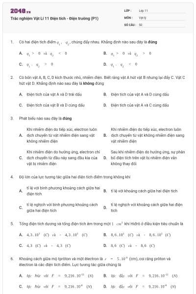 Trắc nghiệm Vật Lí 11 Điện tích - Điện trường (P1)