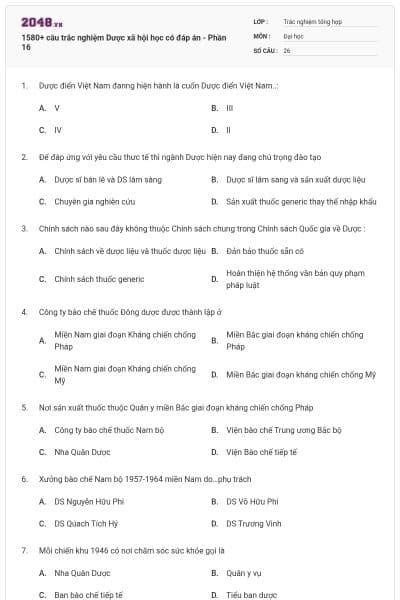 1580+ câu trắc nghiệm Dược xã hội học có đáp án - Phần 16