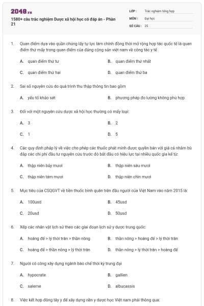 1580+ câu trắc nghiệm Dược xã hội học có đáp án - Phần 21