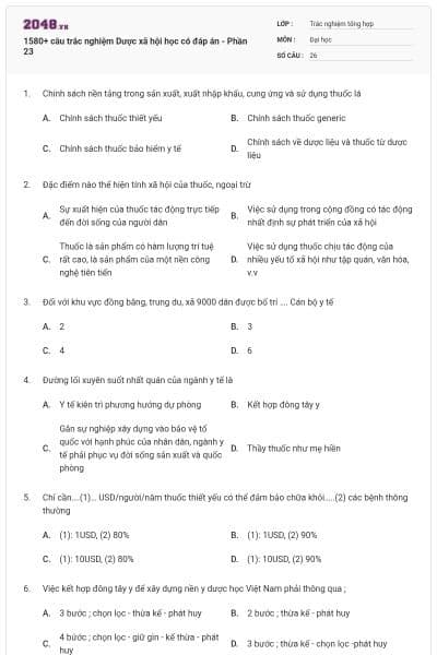 1580+ câu trắc nghiệm Dược xã hội học có đáp án - Phần 23
