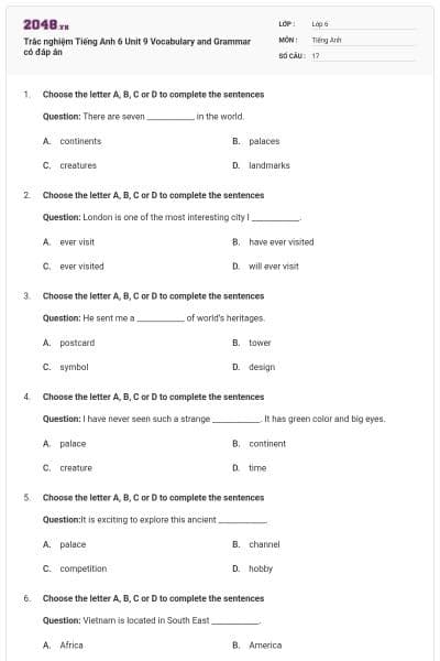 Trắc nghiệm Tiếng Anh 6 Unit 9 Vocabulary and Grammar có đáp án