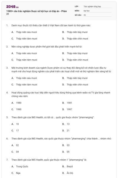 1580+ câu trắc nghiệm Dược xã hội học có đáp án - Phần 31