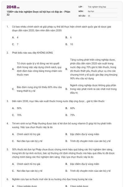 1580+ câu trắc nghiệm Dược xã hội học có đáp án - Phần 32