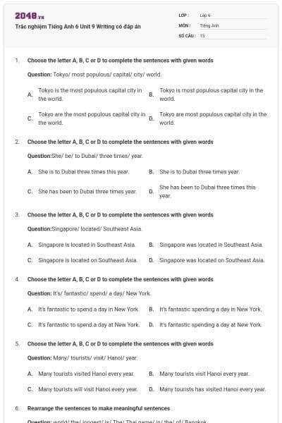 Trắc nghiệm Tiếng Anh 6 Unit 9 Writing có đáp án