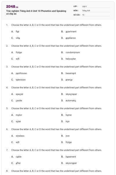 Trắc nghiệm Tiếng Anh 6 Unit 10 Phonetics and Speaking có đáp án
