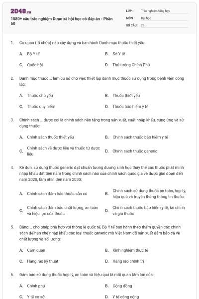 1580+ câu trắc nghiệm Dược xã hội học có đáp án - Phần 60