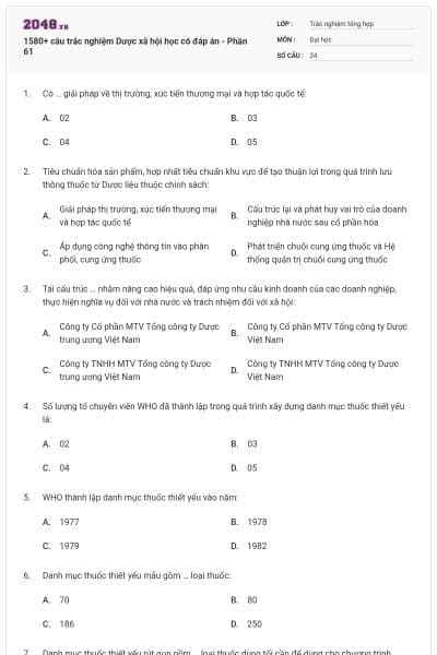 1580+ câu trắc nghiệm Dược xã hội học có đáp án - Phần 61