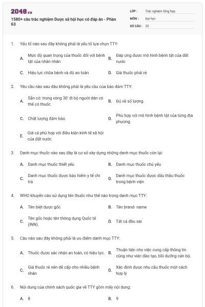 1580+ câu trắc nghiệm Dược xã hội học có đáp án - Phần 63