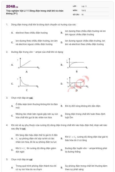 Trắc nghiệm Vật Lí 11 Dòng điện trong chất khí và chân không (P1)