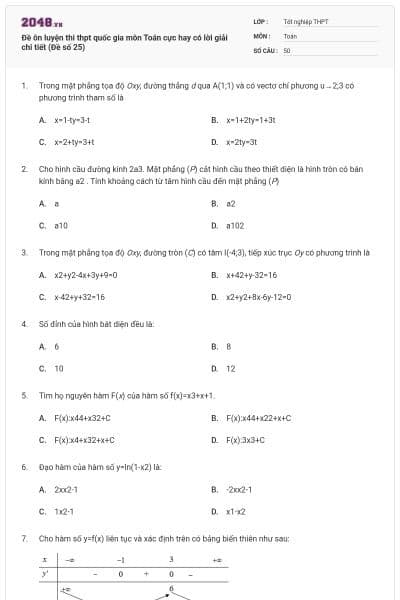 Đề ôn luyện thi thpt quốc gia môn Toán cực hay có lời giải chi tiết (Đề số 25)