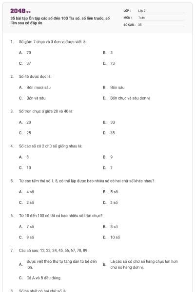 35 bài tập Ôn tập các số đến 100 Tia số. số liền trước, số liền sau có đáp án