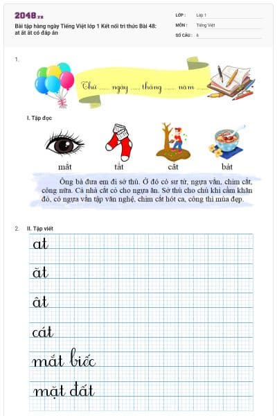 Bài tập hàng ngày Tiếng Việt lớp 1 Kết nối tri thức Bài 48: at ăt ât có đáp án