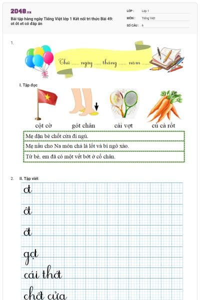 Bài tập hàng ngày Tiếng Việt lớp 1 Kết nối tri thức Bài 49: ot ôt ơt có đáp án