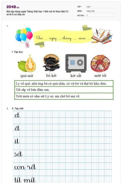 Bài tập hàng ngày Tiếng Việt lớp 1 Kết nối tri thức Bài 51: et êt it  có đáp án