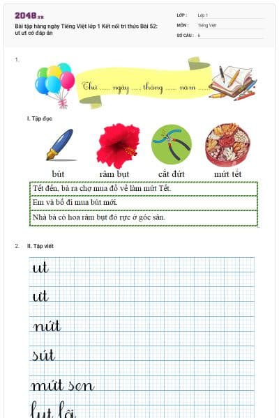 Bài tập hàng ngày Tiếng Việt lớp 1 Kết nối tri thức Bài 52: ut ưt có đáp án