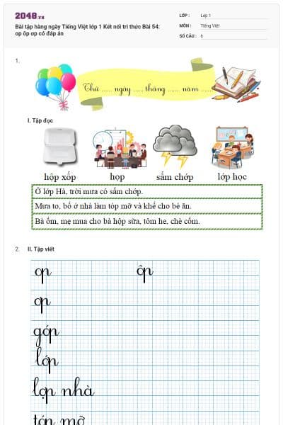 Bài tập hàng ngày Tiếng Việt lớp 1 Kết nối tri thức Bài 54: op ôp ơp có đáp án