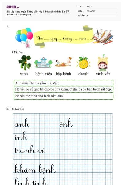 Bài tập hàng ngày Tiếng Việt lớp 1 Kết nối tri thức Bài 57: anh ênh inh có đáp án