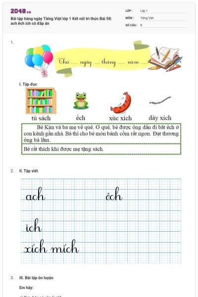 Bài tập hàng ngày Tiếng Việt lớp 1 Kết nối tri thức Bài 58: ach êch ich  có đáp án