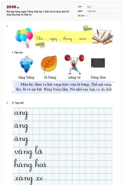 Bài tập hàng ngày Tiếng Việt lớp 1 Kết nối tri thức Bài 59: ang ăng âng có đáp án