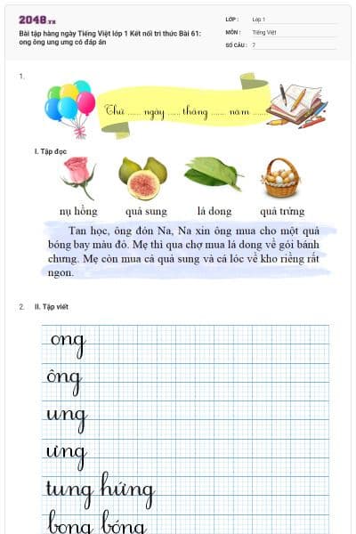 Bài tập hàng ngày Tiếng Việt lớp 1 Kết nối tri thức Bài 61: ong ông ung ưng có đáp án
