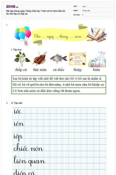 Bài tập hàng ngày Tiếng Việt lớp 1 Kết nối tri thức Bài 62: iêc iên iêp có đáp án