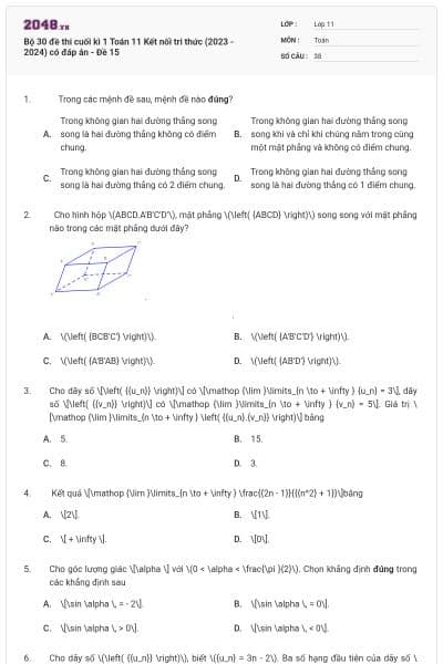 Bộ 30 đề thi cuối kì 1 Toán 11 Kết nối tri thức (2023 - 2024) có đáp án - Đề 15