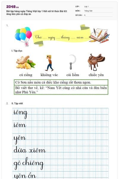 Bài tập hàng ngày Tiếng Việt lớp 1 Kết nối tri thức Bài 63: iêng iêm yên có đáp án