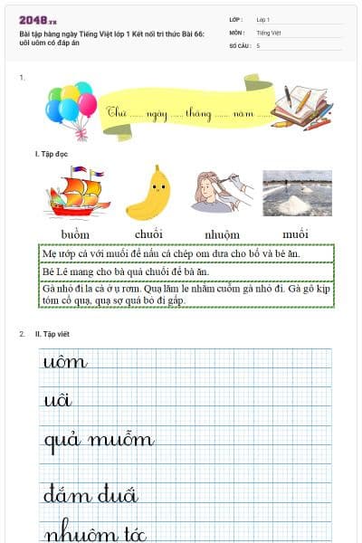 Bài tập hàng ngày Tiếng Việt lớp 1 Kết nối tri thức Bài 66: uôi uôm có đáp án