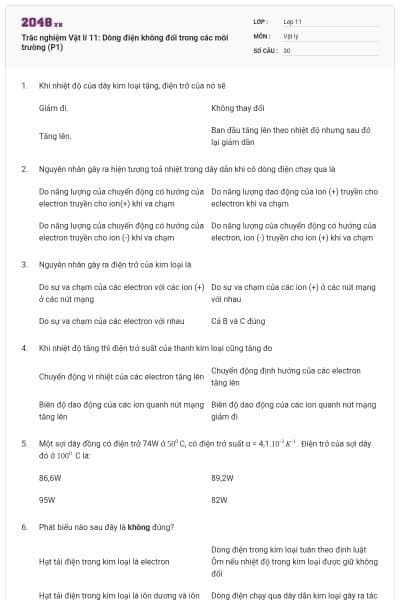 Trắc nghiệm Vật lí 11: Dòng điện không đổi trong các môi trường (P1)
