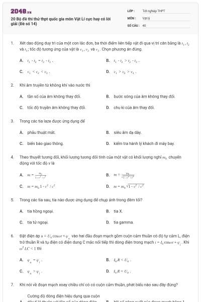 20 Bộ đề thi thử thpt quốc gia môn Vật Lí cực hay có lời giải (Đề số 14)