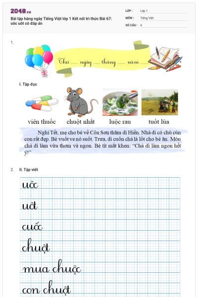 Bài tập hàng ngày Tiếng Việt lớp 1 Kết nối tri thức Bài 67: uôc uôt có đáp án