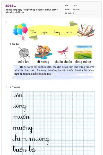 Bài tập hàng ngày Tiếng Việt lớp 1 Kết nối tri thức Bài 68: uôn uông có đáp án