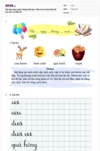 Bài tập hàng ngày Tiếng Việt lớp 1 Kết nối tri thức Bài 69: ươi ươu có đáp án