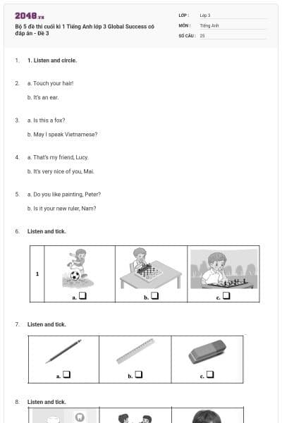 Bộ 5 đề thi cuối kì 1 Tiếng Anh lớp 3 Global Success có đáp án - Đề 3