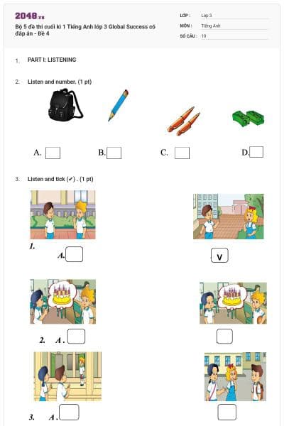 Bộ 5 đề thi cuối kì 1 Tiếng Anh lớp 3 Global Success có đáp án - Đề 4