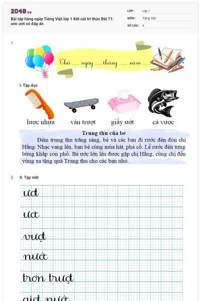 Bài tập hàng ngày Tiếng Việt lớp 1 Kết nối tri thức Bài 71: ươc ươt có đáp án