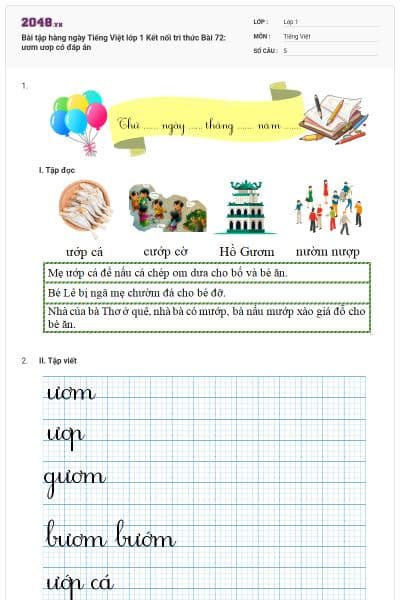 Bài tập hàng ngày Tiếng Việt lớp 1 Kết nối tri thức Bài 72: ươm ươp có đáp án