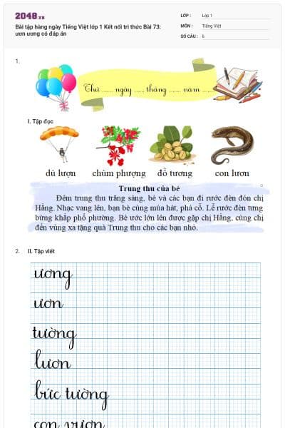 Bài tập hàng ngày Tiếng Việt lớp 1 Kết nối tri thức Bài 73: ươn ương có đáp án