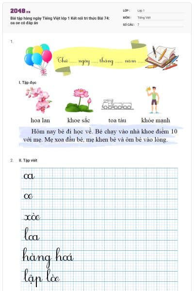 Bài tập hàng ngày Tiếng Việt lớp 1 Kết nối tri thức Bài 74: oa oe có đáp án