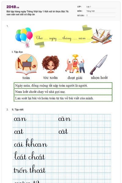 Bài tập hàng ngày Tiếng Việt lớp 1 Kết nối tri thức Bài 76: oan oăn oat oăt có đáp án