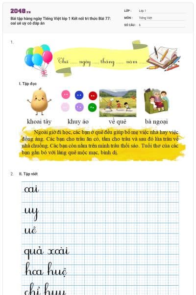 Bài tập hàng ngày Tiếng Việt lớp 1 Kết nối tri thức  Bài 77: oai uê uy có đáp án