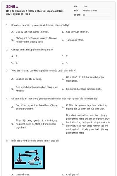 Bộ 5 đề thi giữa kì 1 KHTN 6 Chân trời sáng tạo (2023 - 2024) có đáp án - Đề 5