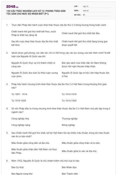 120 CÂU TRẮC NGHIỆM LỊCH SỬ 12: PHONG TRÀO DÂN TỘC DÂN CHỦ MỨC ĐỘ NHẬN BIẾT (P1)