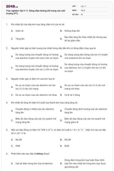 Trắc nghiệm Vật lí 11: Dòng điện không đổi trong các môi trường (P1)