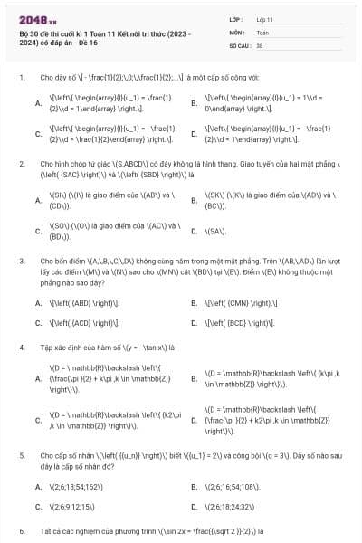 Bộ 30 đề thi cuối kì 1 Toán 11 Kết nối tri thức (2023 - 2024) có đáp án - Đề 16