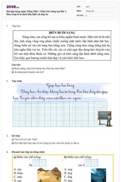 Bài tập hàng ngày Tiếng Việt 1 Chân trời sáng tạo Bài 1: Khu rừng kì lạ dưới đáy biển có đáp án