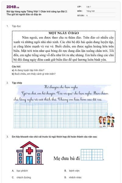 Bài tập hàng ngày Tiếng Việt 1 Chân trời sáng tạo Bài 2: Thư gửi bố ngoài đảo có đáp án