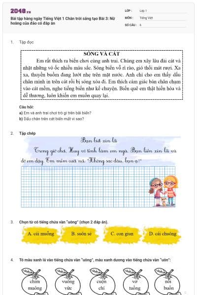 Bài tập hàng ngày Tiếng Việt 1 Chân trời sáng tạo Bài 3: Nữ hoàng của đảo có đáp án