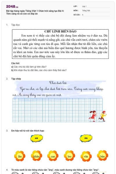Bài tập hàng ngày Tiếng Việt 1 Chân trời sáng tạo Bài 4: Tôm càng và cá con có đáp án